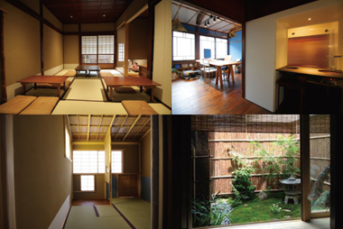 改修後の様子。/(左上)カフェスペース(右上)2階のオフィス兼自宅(左下)茶室(右下)カフェから見える坪庭。(撮影・JELL-architects)