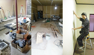 １階店舗・厨房の工事の様子。壁塗りや看板作りなど、自分で出来ることは自らの手で。